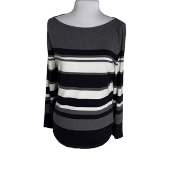 Liz Claiborne Boat Neck Shirttail Hem Horizontal Stripe Black/Gray Top Size L - Picture 1 of 6